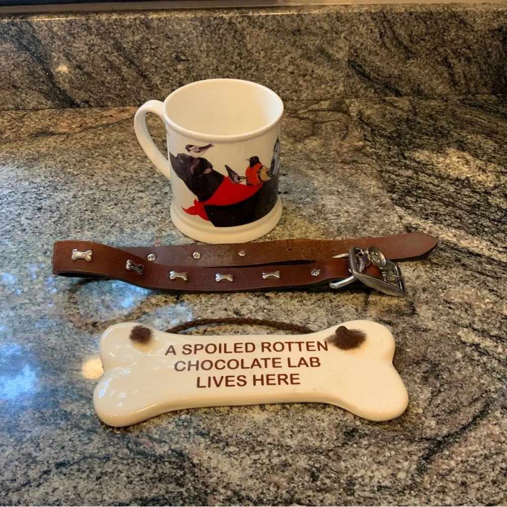 Chocolate Labrador Bundle Wendy Russell Mug, XL leather collar &home accent sign